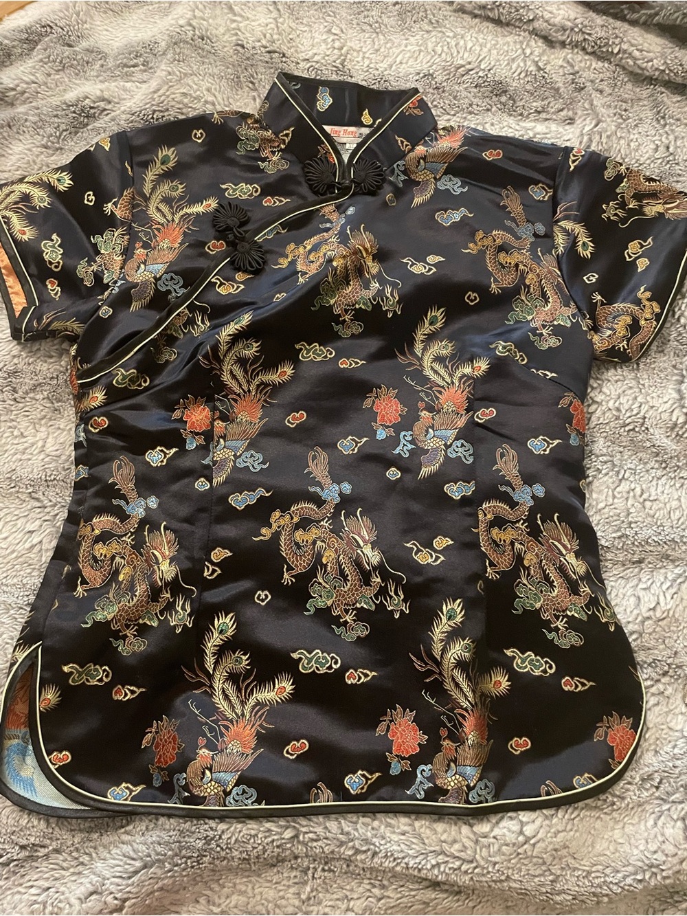 Black Satin Dragon-Print Mandarin Collar Qipao Top